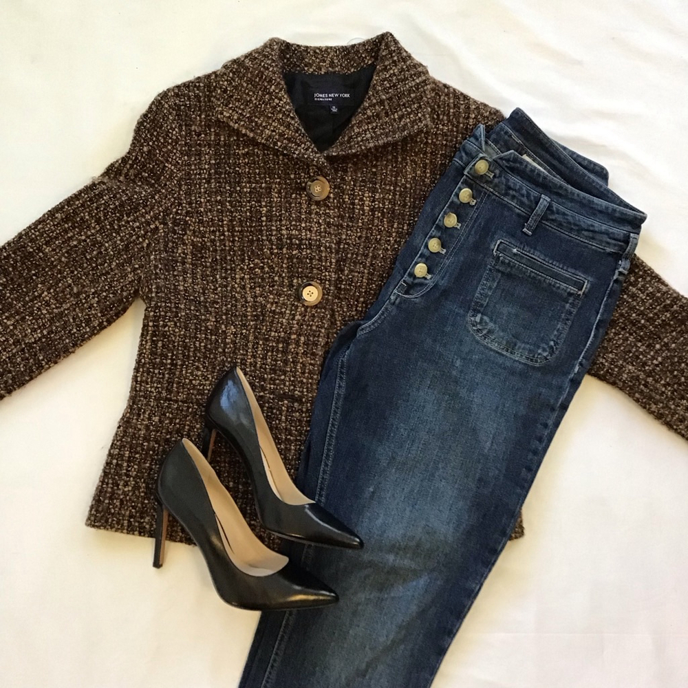 Jones New York Women Vintage Brown & Black Tweed Business Blazer Jacket Size 10 - Picture 7 of 11